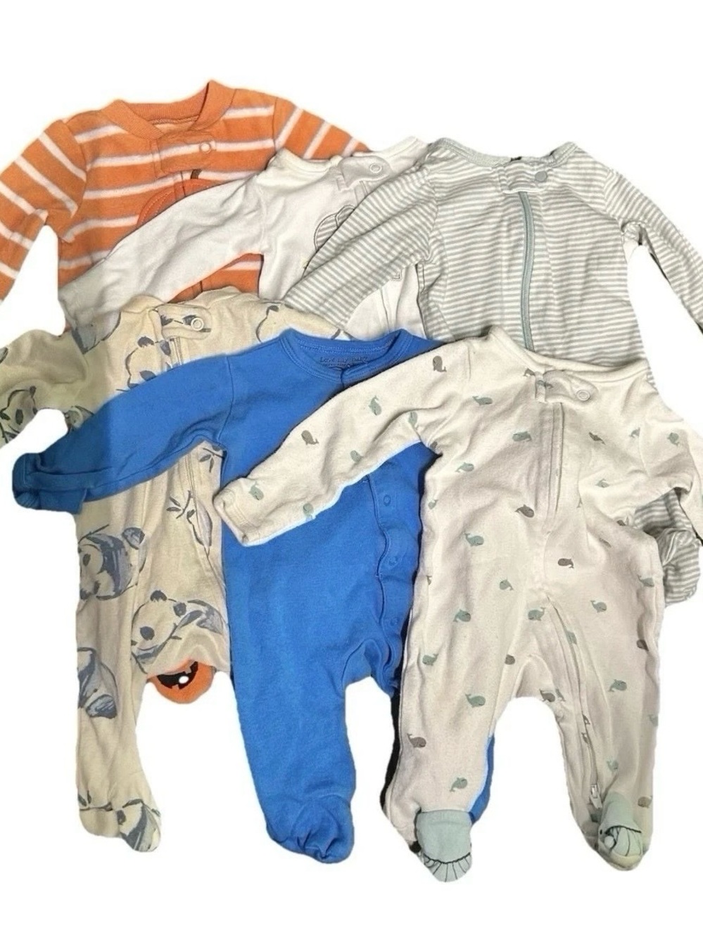 Lot Of 6 Neutral Baby Footie Pajamas Size Newborn 2 Way Zipper